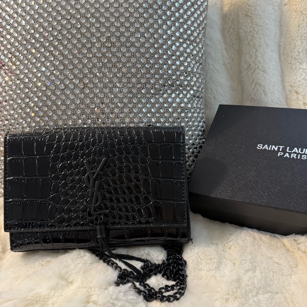 Saint Laurent Black Croc-Embossed Clutch